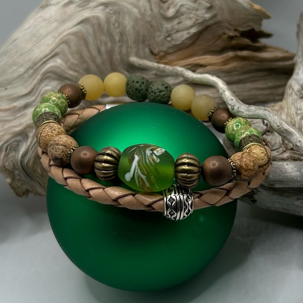 Green and Brown Beaded Bracelet with Leather Bracelet